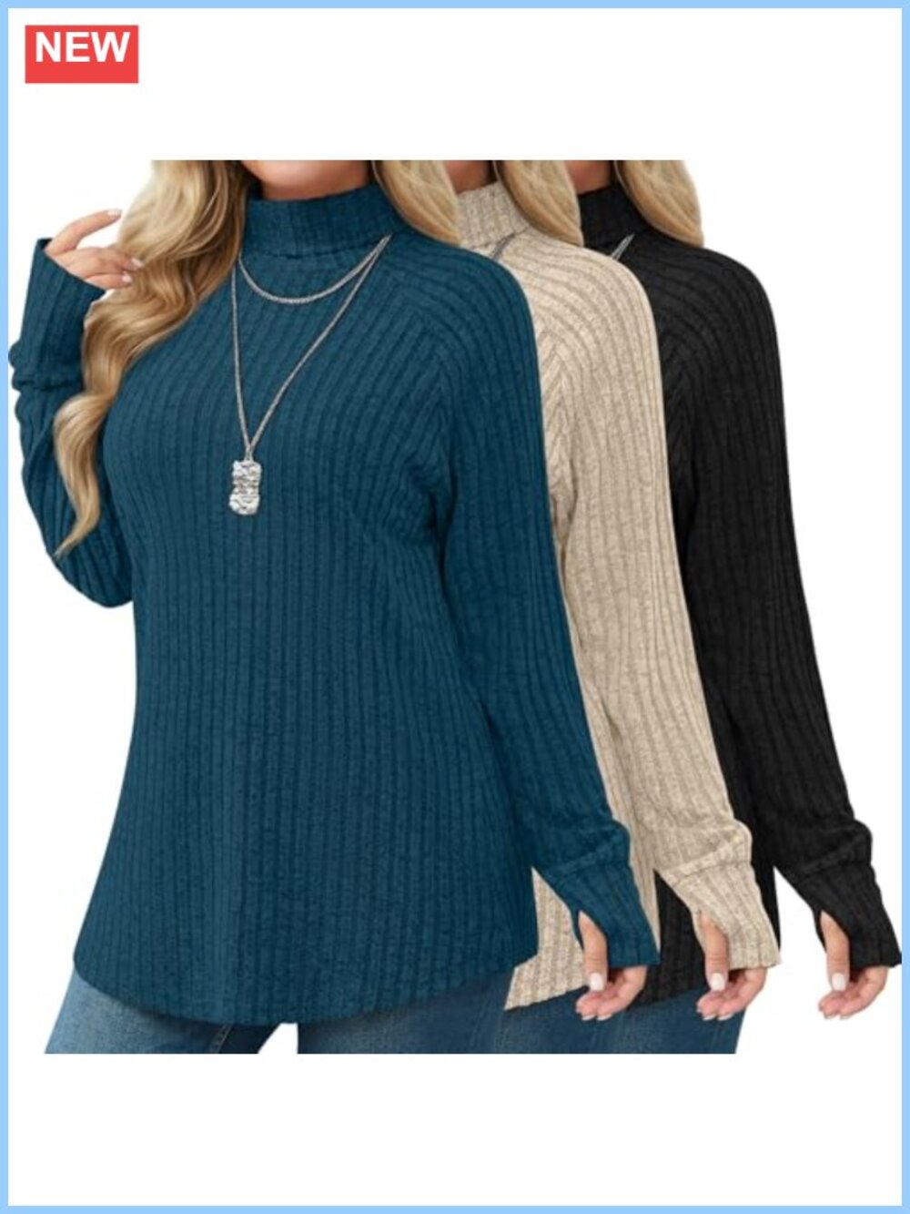 Plus Size Turtleneck Sweater 3 Pack Thumbhole Tunic Ribbed Pullover